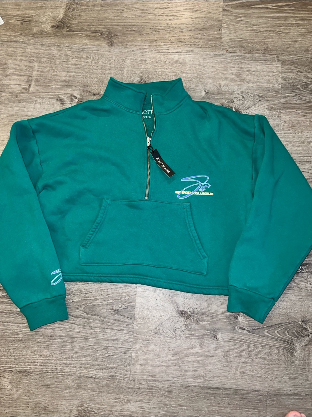 NWT SET Active Teal Cropped Half-Zip Sweatshirt with Script Logo